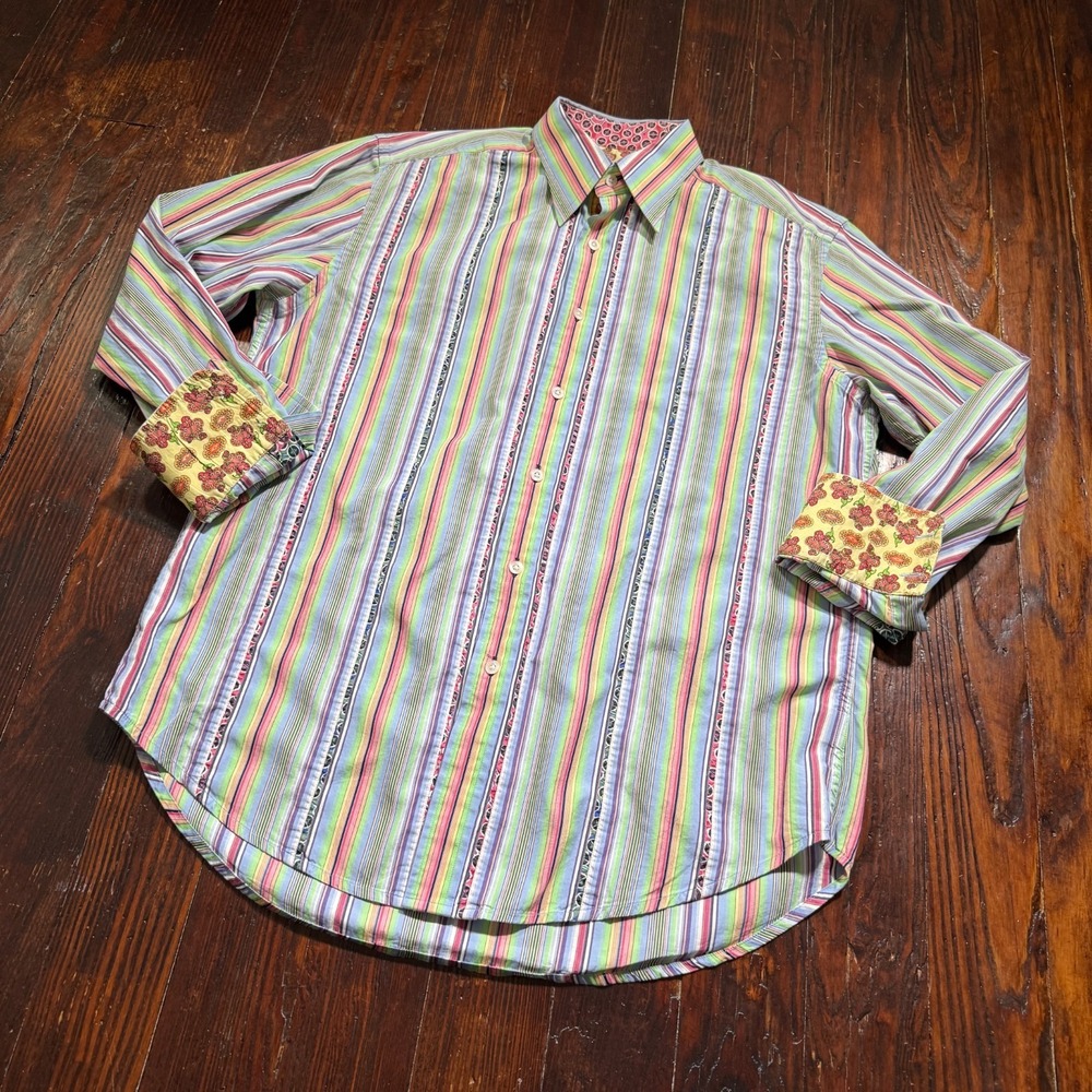 Robert Graham Shirt Mens M Striped Geometric French Flip Cuff Preppy Casual